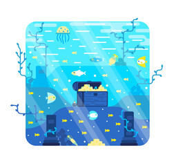 Treasure chest on the seabed. Vector cartoon illustration in flat stile