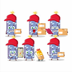 Cartoon character design of light blue firecracker working as a courier