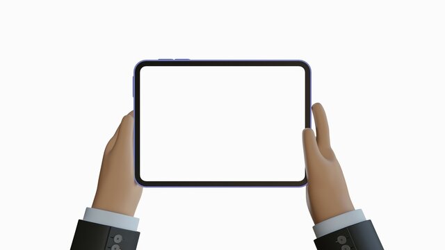 3d illustration. Device Mockup. Light brown cartoon hand holding an iPad in jacket with white background.
