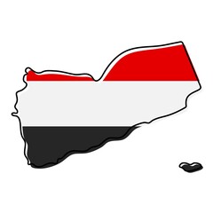Stylized outline map of Yemen with national flag icon. Flag color map of Yemen vector illustration.