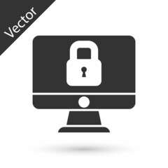 Grey Lock on computer monitor screen icon isolated on white background. Security, safety, protection concept. Safe internetwork. Vector