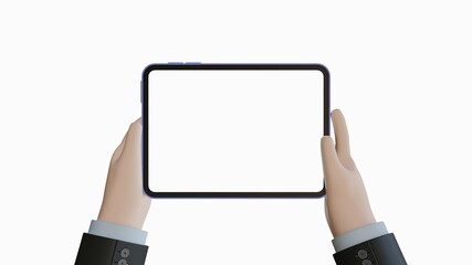 Obraz na płótnie Canvas 3d illustration. Device Mockup. White cartoon hand holding an iPad in jacket with white background.