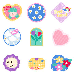 Set of spring patches, cute colourful badges, fun cartoon icons design vector