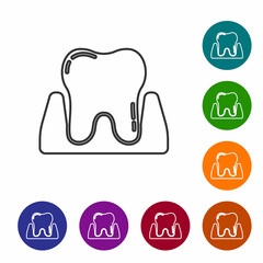 Black line Tooth icon isolated on white background. Tooth symbol for dentistry clinic or dentist medical center and toothpaste package. Set icons in color circle buttons. Vector