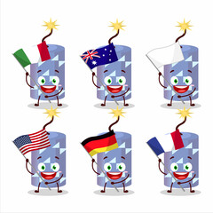 Light blue firecracker cartoon character bring the flags of various countries