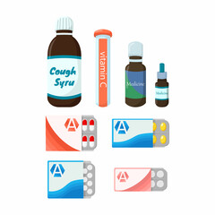 Healthcare medications in different forms set vector illustration. Bottle with pills, plastic tubes with caps, blisters and droplets flat style. Meds concept. Isolated on white background