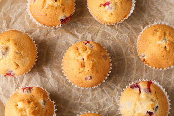 Tasty cranberry muffins on parchment, closeup