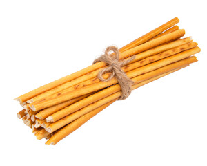 Tasty baked bread sticks with rope isolated on the white background