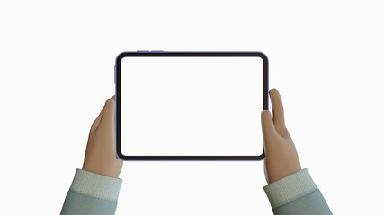 3d illustration. Device Mockup. Light brown cartoon hand holding an iPad in jumper with white background.