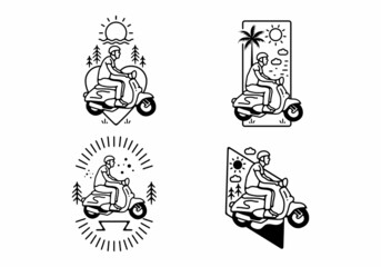 Black and white color of man riding scooter line art