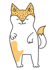 Stylized cute fox drawn in line, isolated on a white background