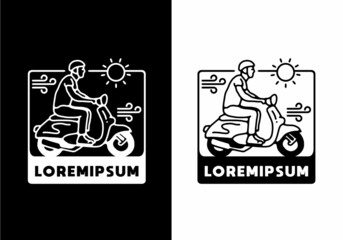 Black and white color of man riding scooter line art