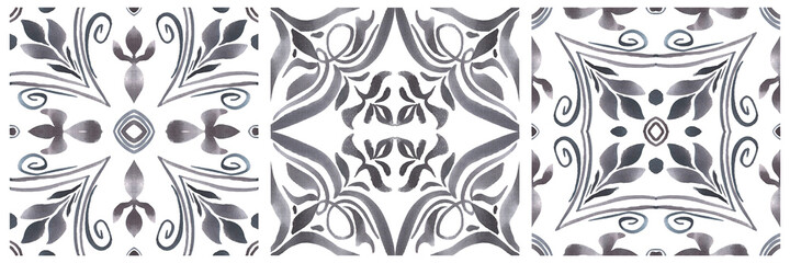 Set of watercolor illustrations - ceramic tile stylization with blue ornaments. Azulejos portugal, Turkish ornament, Moroccan tile mosaic, Talavera ornament.