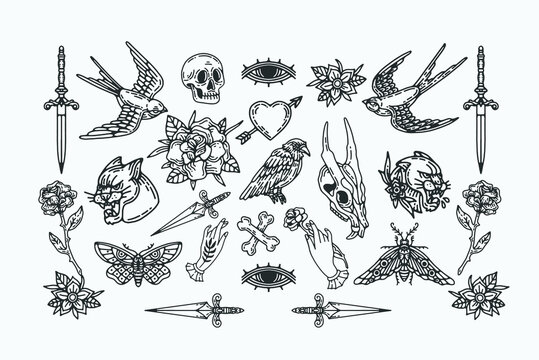 vector flash sheet illustrations in old school traditional style. black and white hand drawn isolated graphic design elements and clip art on white background 