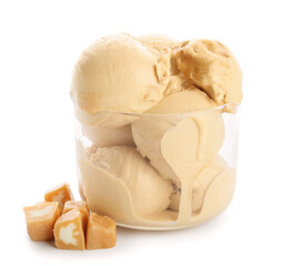 Bowl with delicious caramel ice cream on white background