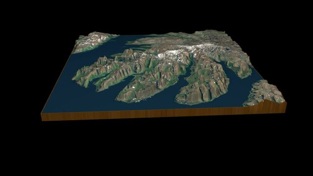 Fjords of Iceland terrain map 3D render 360 degrees loop animation