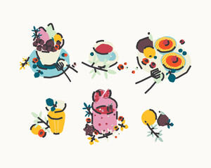 A collection of desserts, drinks and fruit. Vector illustration in cartoon style.