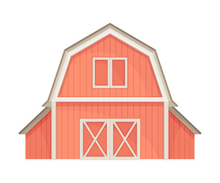 Red Barn Farmhouse Agricultural Building, Front View Flat Vector Illustration