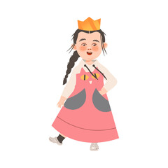 Adorable brunette little girl wearing as princess. Cute kid in fashionable outfit cartoon vector illustration