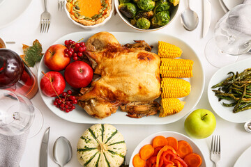Roasted turkey with apples, cranberry and corn cobs in dish on table served for Thanksgiving dinner
