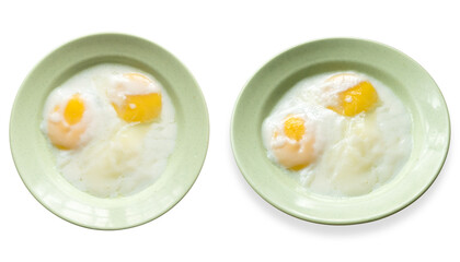 A set of half boiled eggs for breakfast isolated on a white background.