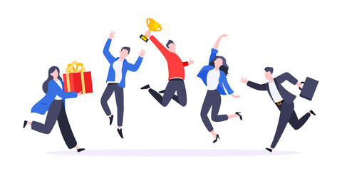 Happy business employee team winners award ceremony flat style design vector illustration. Employee recognition and best worker competition award team celebrating victory winner business concept.