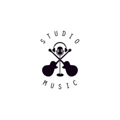 recording studio vector label music studio badge logo emblem with musical instrument guitar microphone headphone design illustration