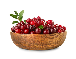Bowl of ripe cranberries on white background