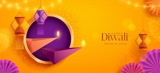 Happy Diwali. Polygonal Indian Diya oil lamp design with round border frame on Indian festive theme big banner background. The Festival of Lights.