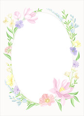 Card template with oval shape floral frame. Wedding invitation, postcard, poster, flyer with flowers in pastel colors vector illustration