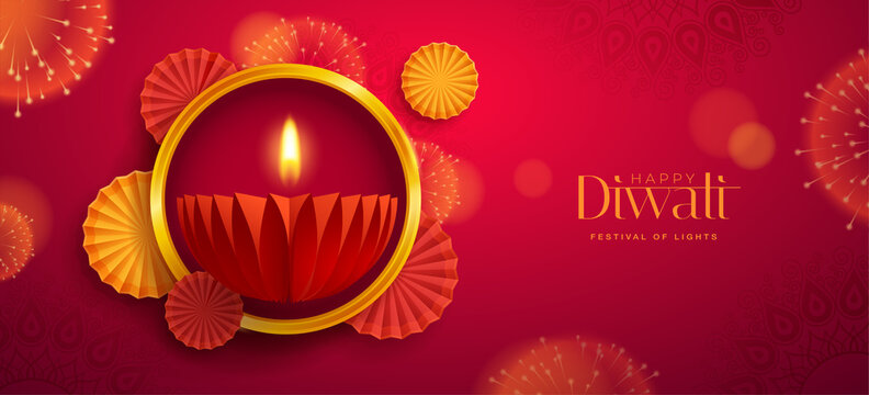 Happy Diwali. Paper graphic of Indian Diya oil lamp design with round border frame on Indian festive theme big banner background. The Festival of Lights.