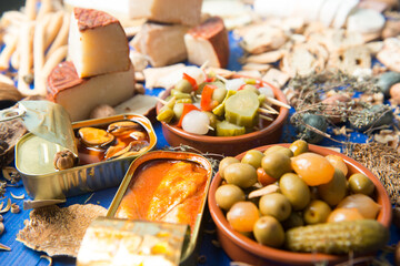 Assorted table of typical Spanish tapas to share with friends 