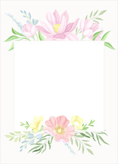 Card with floral frame and space for text. Wedding invitation, postcard, poster, flyer with flowers in pastel colors vector illustration