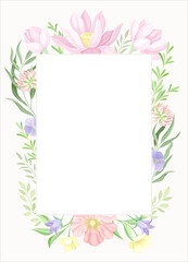 Card template with rectangular floral frame. Wedding invitation, postcard, poster, flyer with flowers in pastel colors vector illustration