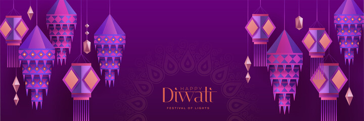 Happy Diwali. Group of paper graphic Indian lantern on Indian festive theme big banner background. The Festival of Lights. © ori-artiste