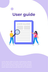 User manual  flat style concept. People with guide instruction are discussing about content of handbook. Vector illustration.