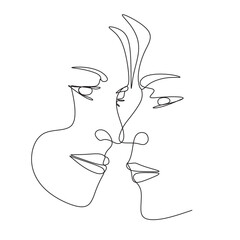 One Line Art Couple, Line Art Men and woman, Minimal Face Vector.  Couple print, Kiss print, Valentines Day Illustration. Love poster. 2 faces. We are one line. 