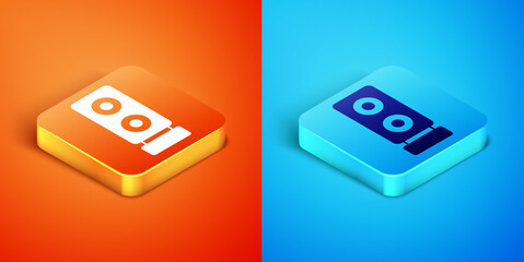 Isometric Stereo speaker icon isolated on orange and blue background. Sound system speakers. Music icon. Musical column speaker bass equipment. Vector