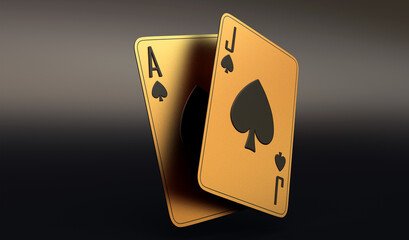 casino cards poker blackjack baccarat gold  3d render 3d rendering illustration  - obrazy, fototapety, plakaty