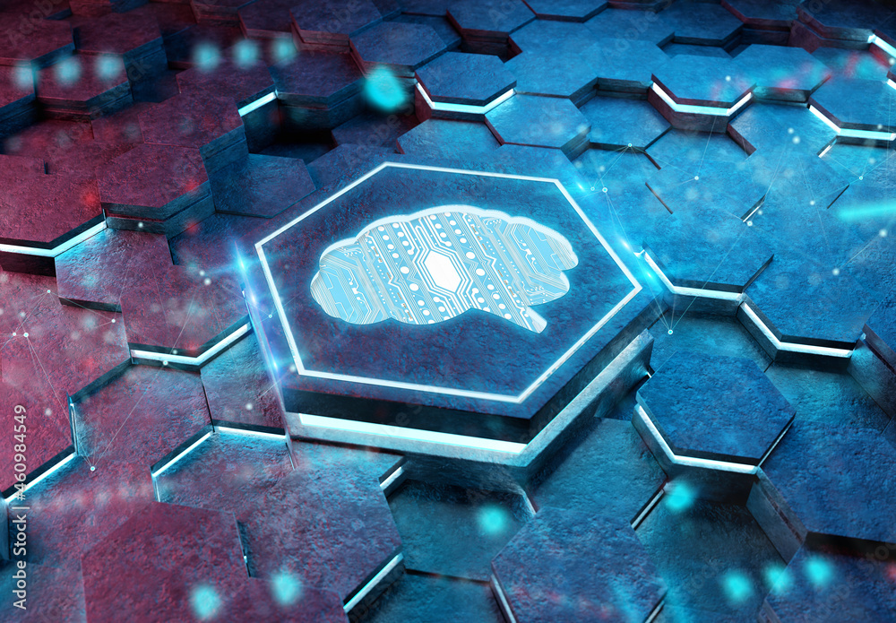Fototapete brain icon concept engraved on metal hexagonal pedestral background. artificial intelligence symbol 