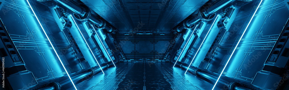 Poster Blue spaceship interior with neon lights on panel walls. Futuristic corridor in space station background. 3d rendering