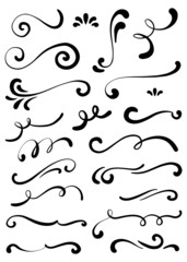 Hand drawn curly ornamental elements. Calligraphy card poster wedding engagement menu header divider decorative ornaments. Isolated graphic vector object set.