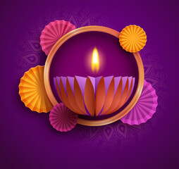 Paper graphic of Indian Diya oil lamp design with round border frame. The Festival of Lights.