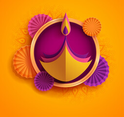 Paper graphic of Indian Diya oil lamp design with round border frame. The Festival of Lights.