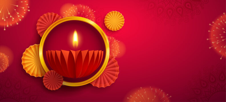 Paper graphic of Indian Diya oil lamp design with round border frame on Indian festive theme big banner background. The Festival of Lights.