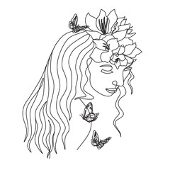 Fototapeta premium Woman face with butterfly and flowers.Line art female hands with butterflies. One line vector drawing. Portrait minimalistic style. Botanical print. Nature symbol of cosmetics.