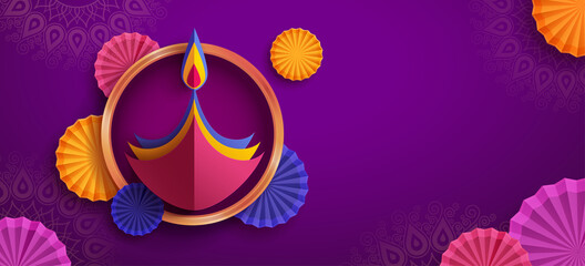 Paper graphic of Indian Diya oil lamp design with round border frame on Indian festive theme big banner background. The Festival of Lights. - obrazy, fototapety, plakaty