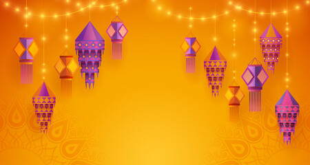 Group of paper graphic Indian lantern on Indian festive theme big banner background. The Festival of Lights.