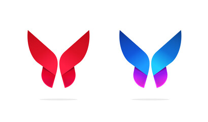 Butterfly logo geometric symmetric gradient style vector logotype template design in blue purple violet red colors for cosmetic or beauty elegance company identity, isolated vivid icon modern symbol