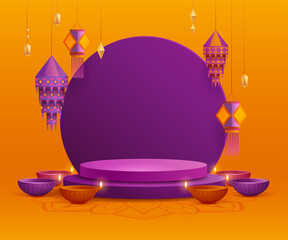 3D illustration of podium stage scene with Indian Diwali Diya oil lamp and paper graphic Indian lantern on round blank card. The Festival of Lights. © ori-artiste